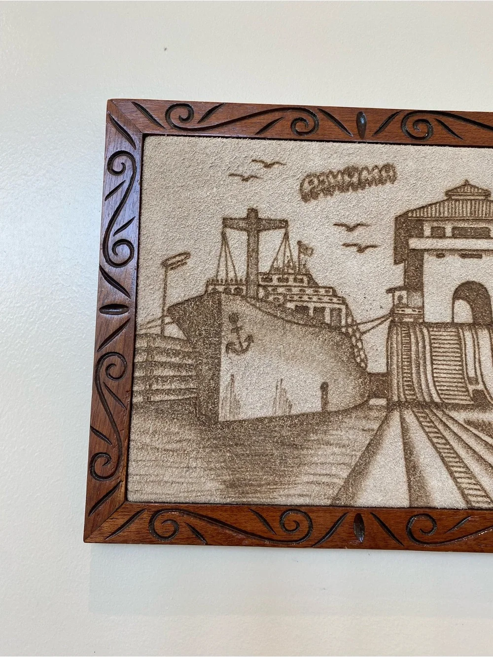 Handcrafted Pyrography 13x11Brown Wooden Framed Wall Art - Nautical Harbor Scene